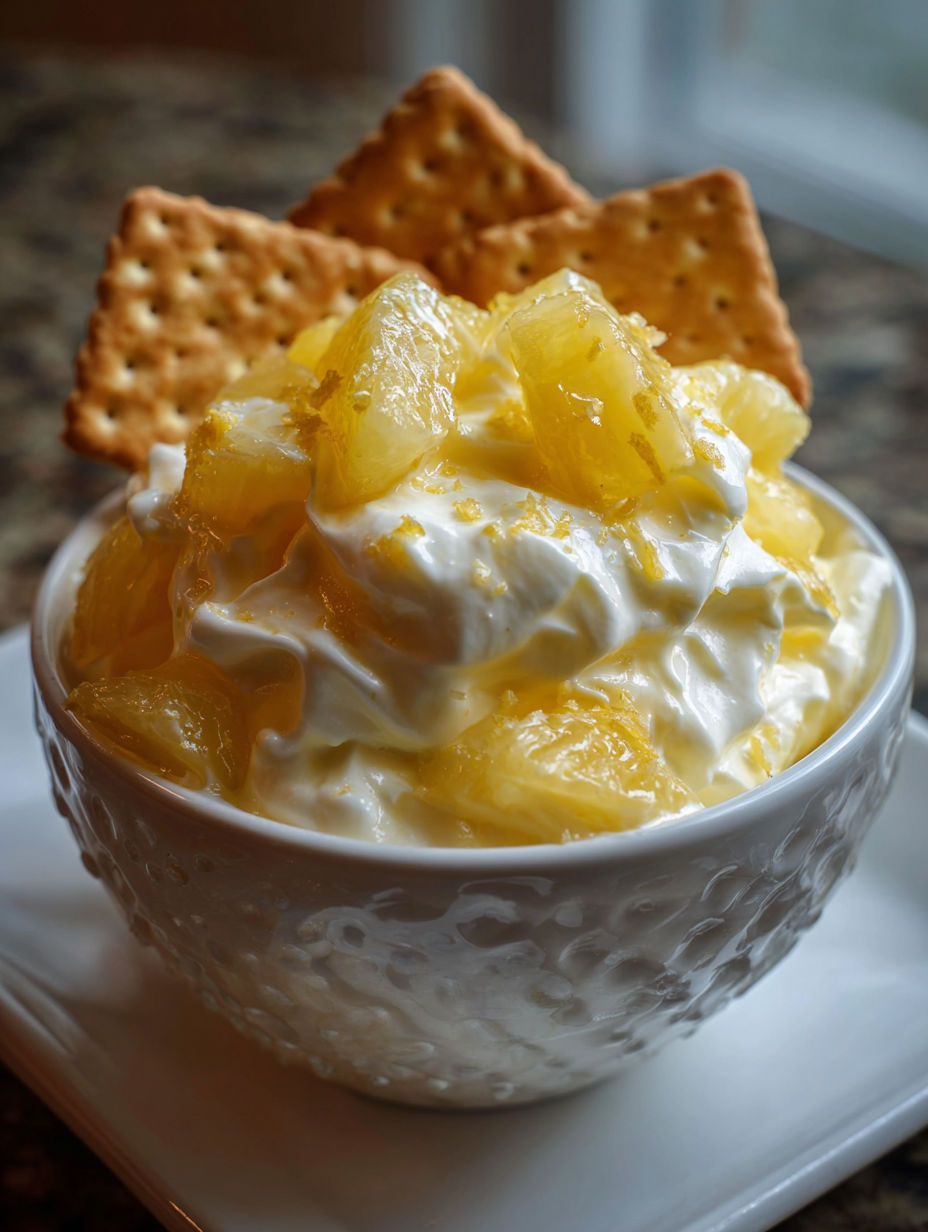 Schale mit Ananas-Dip und Nilla Wafers obendrauf.