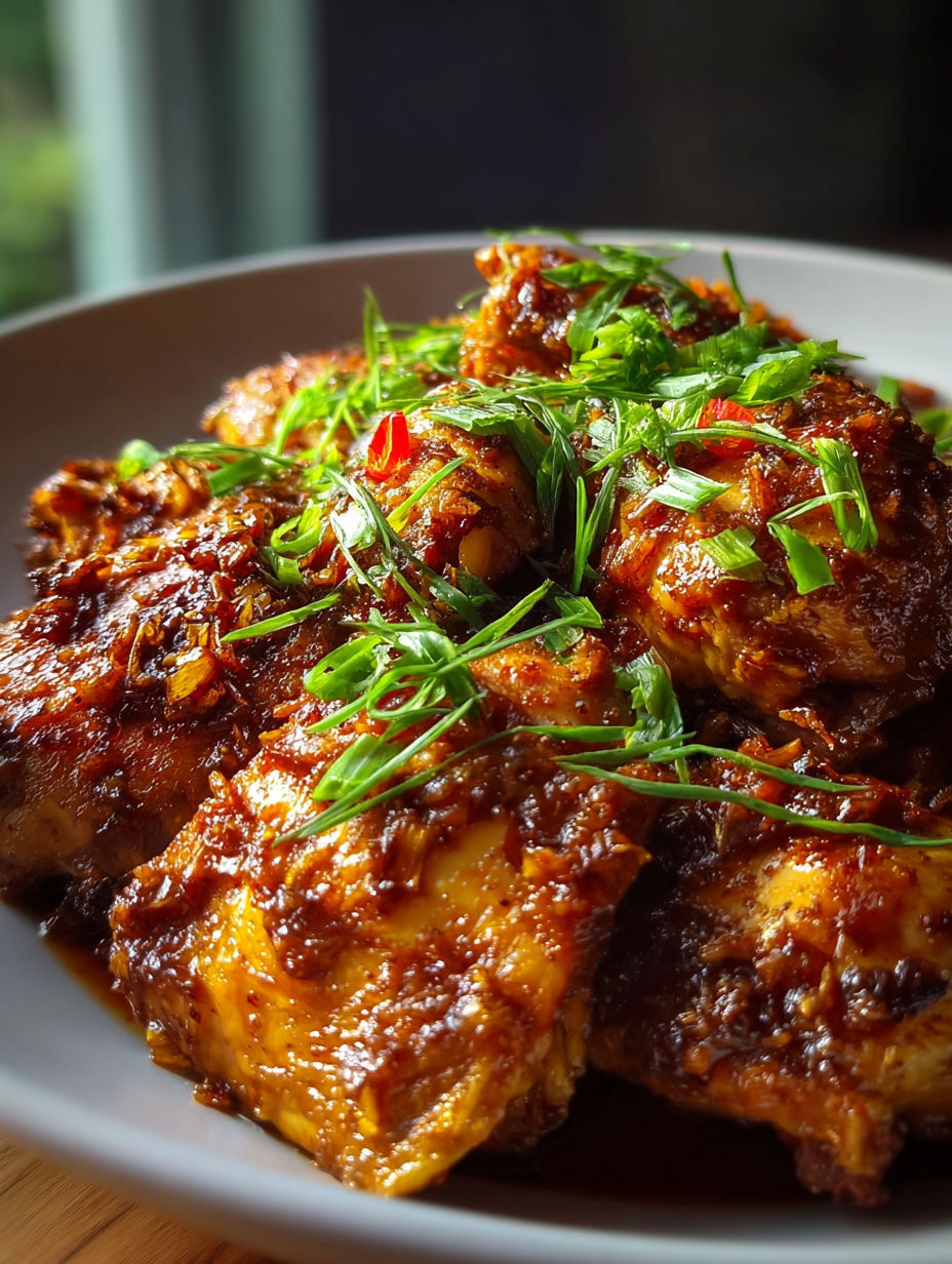 Ein Teller mit langsam gegartem Hühnchen in braunem Zucker und Knoblauch Soße.