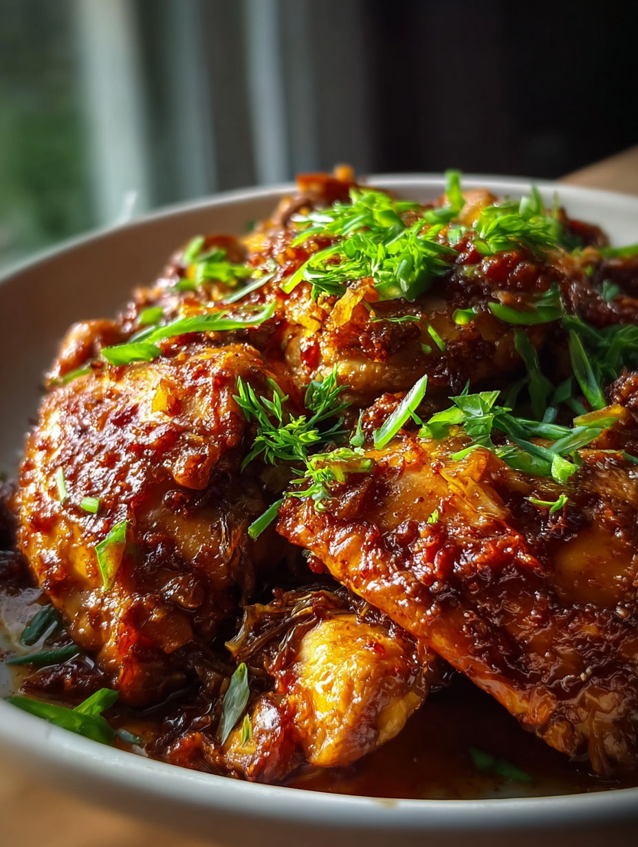 Schale mit langsam gegartem Hähnchen in brauner Zucker-Knoblauch-Soße.