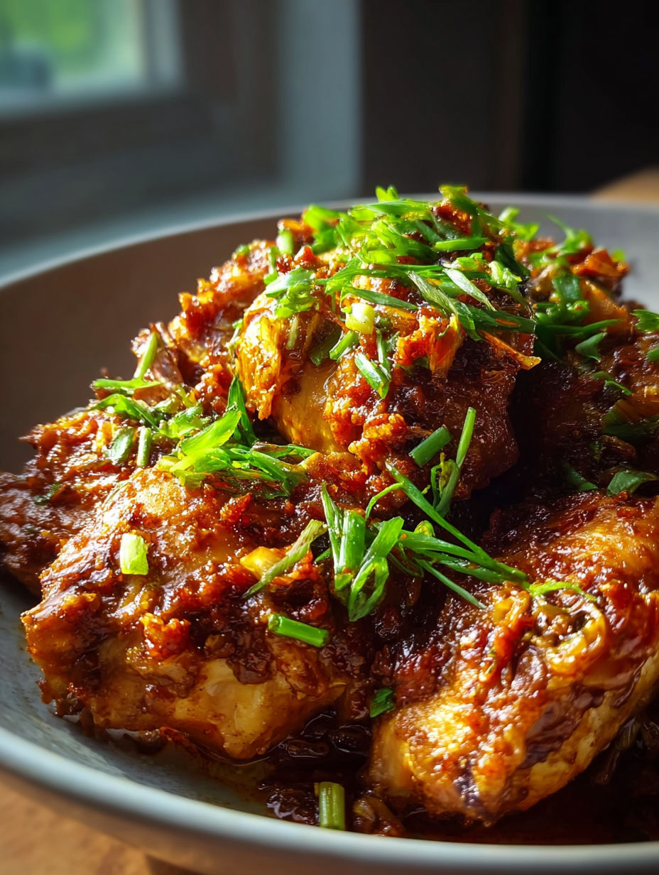 Teller mit langsam gegartem Hähnchen in brauner Zucker-Knoblauch-Soße.