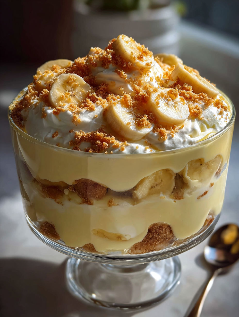 Eine Glasschüssel mit Bananenpudding.