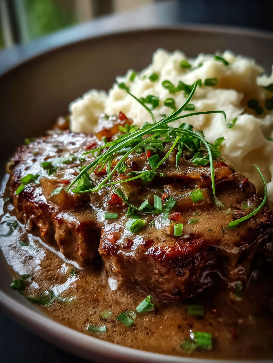 Nahaufnahme von saftigem Cube Steak im Crock Pot mit cremiger Selleriesauce.