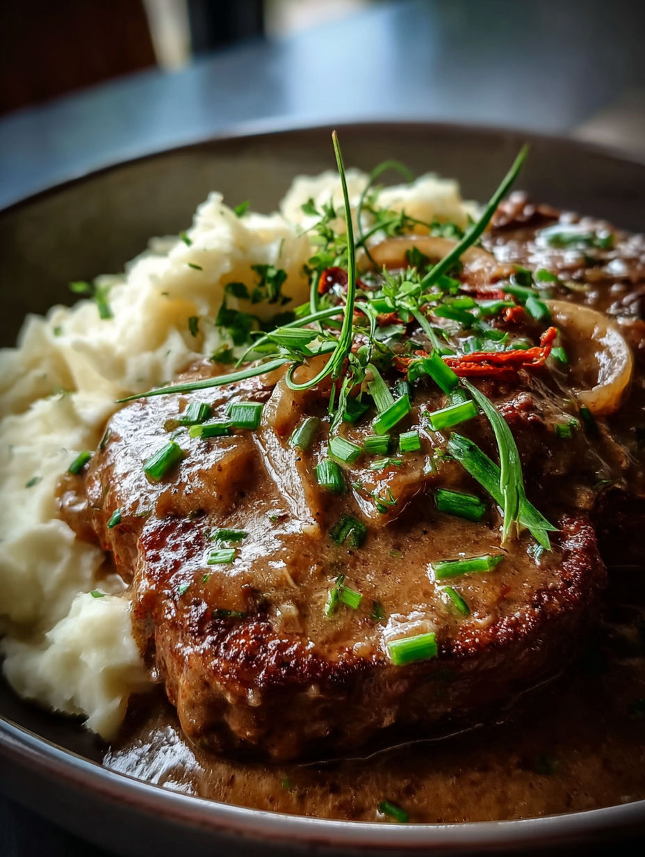 Nahaufnahme von zartem Crock Pot Rinderwürfelsteak mit Selleriecreme.