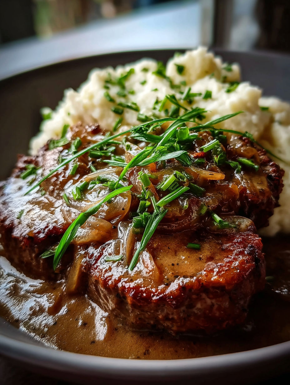 Ein Teller mit Fleisch und Kartoffeln.