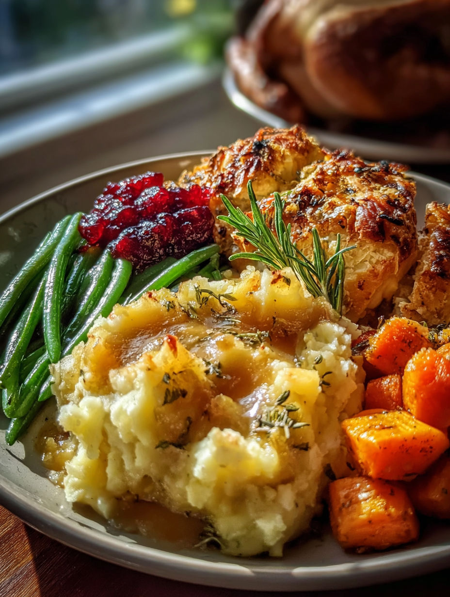 Ein Teller mit gefülltem Truthahn und grünen Bohnen.