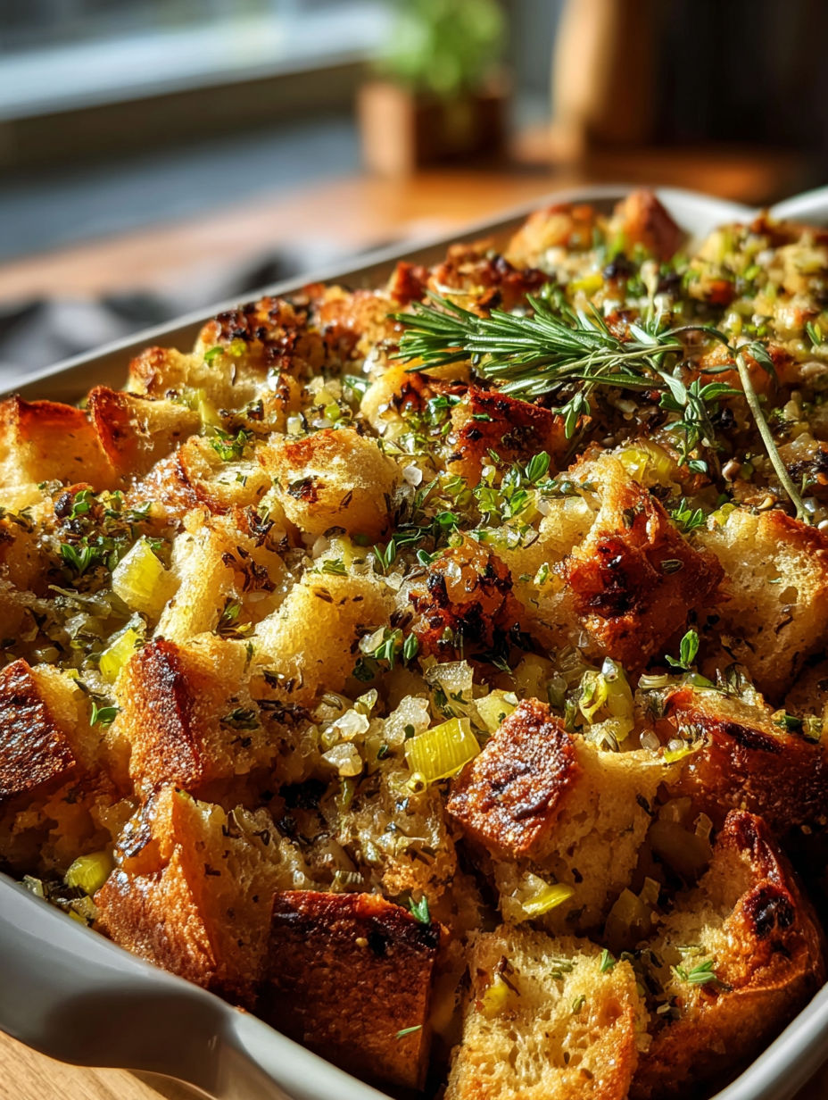 Eine weiße Auflaufform mit leckerem Thanksgiving-Dressing.