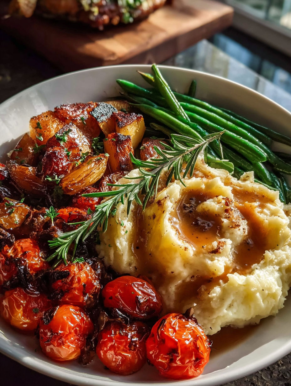 Ein Teller mit gerösteten grünen Bohnen und Tomaten.
