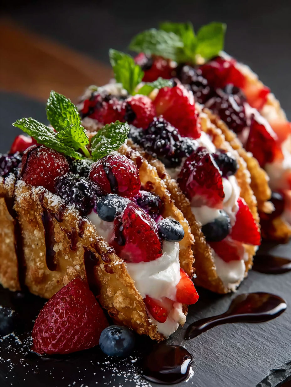 Ein Dessert mit Beeren und Sahne.