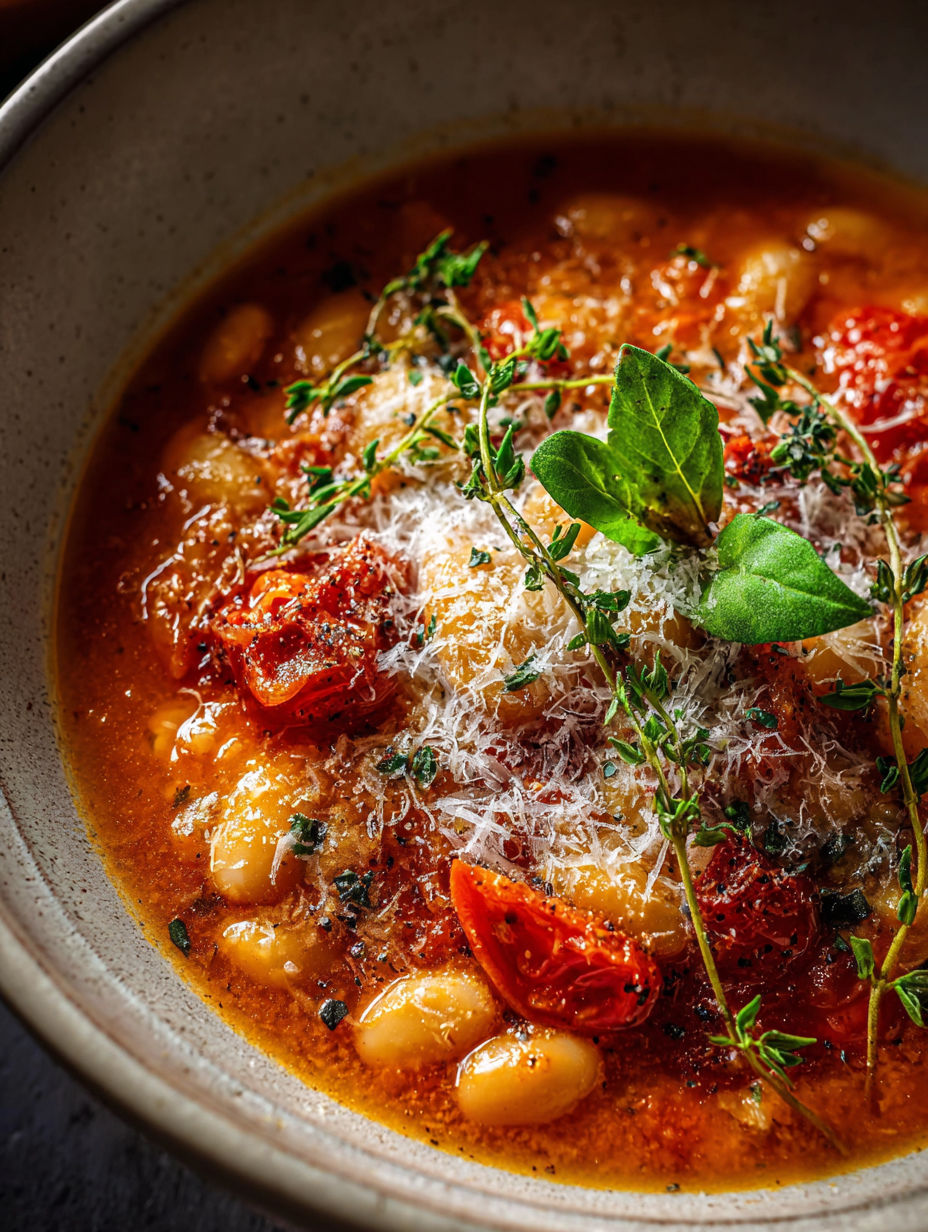 Eine Schüssel Suppe mit Tomaten, Bohnen und Parmesan