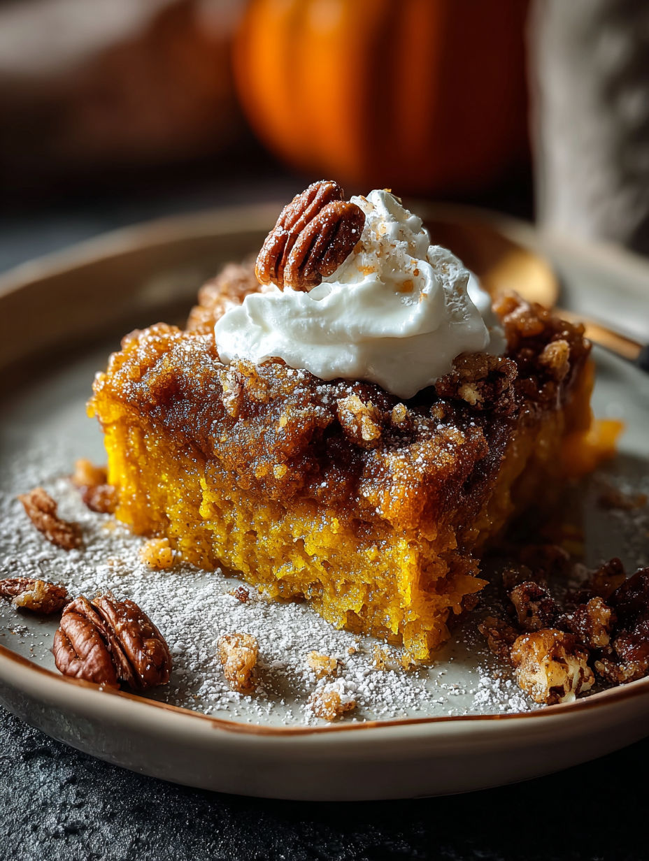Ein Stück Kürbiskuchen mit Sahne obendrauf.