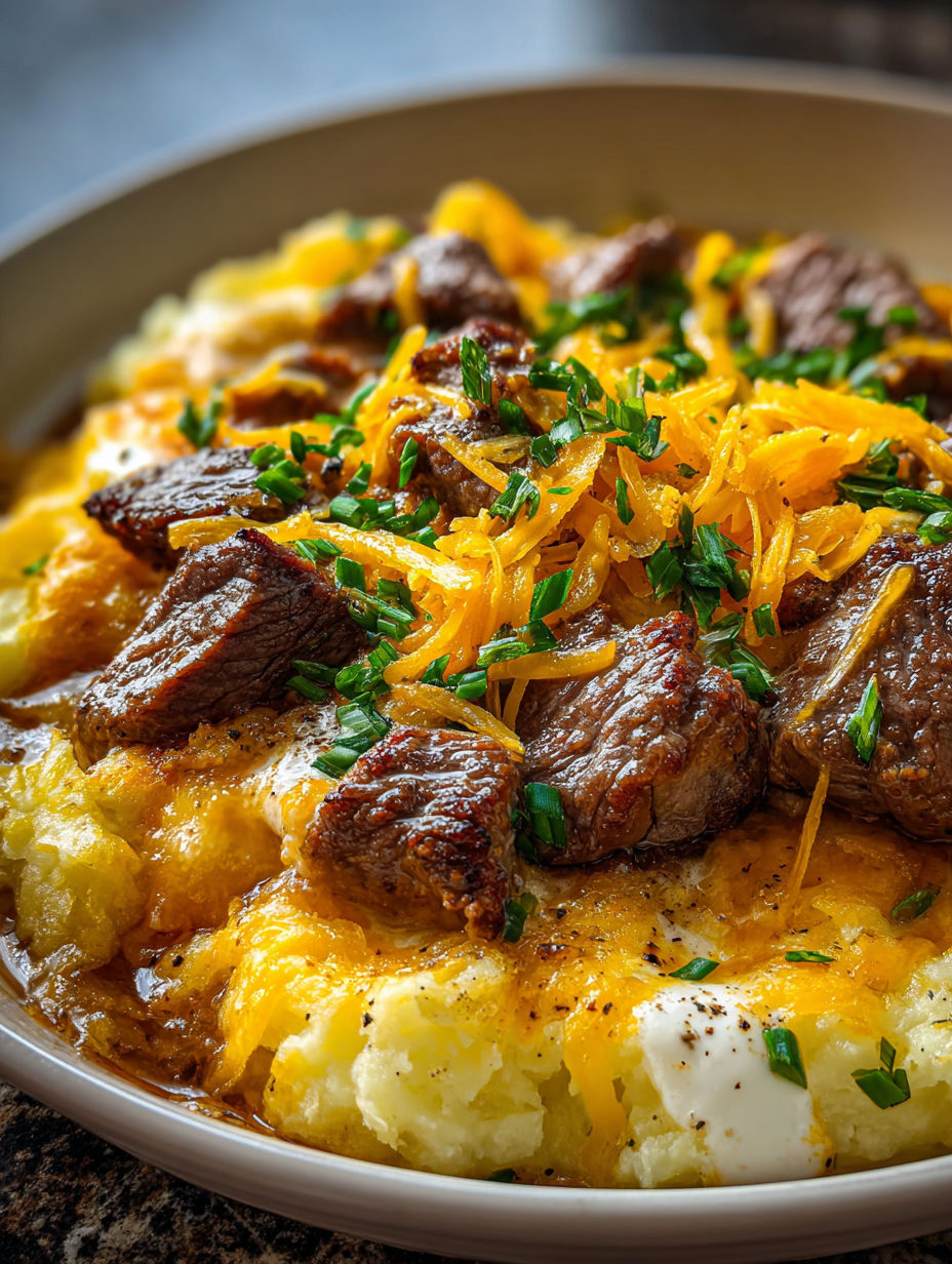 Ein leckerer Slow Cooker Auflauf mit Steak, Cheddar und Kartoffeln.