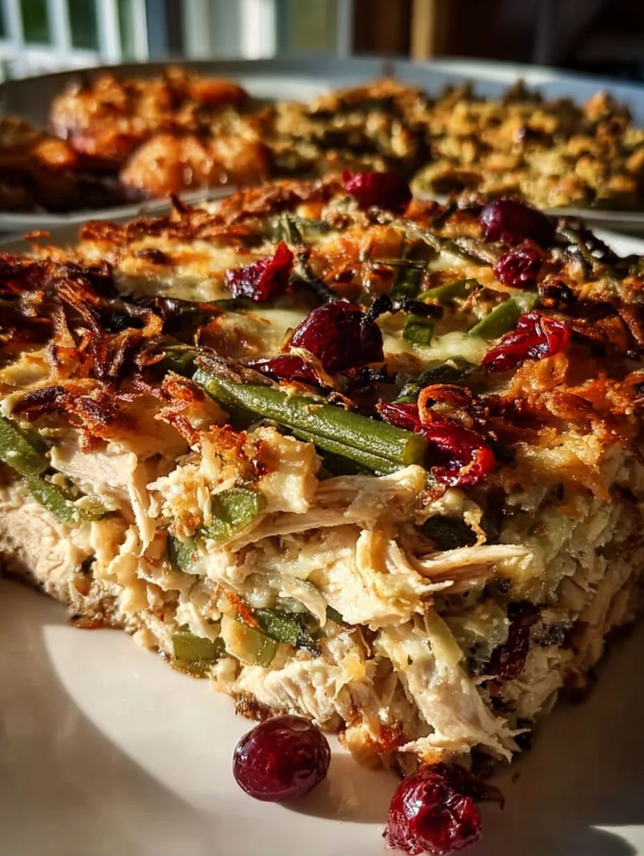 Auflauf mit grünen Bohnen und roten Paprika.