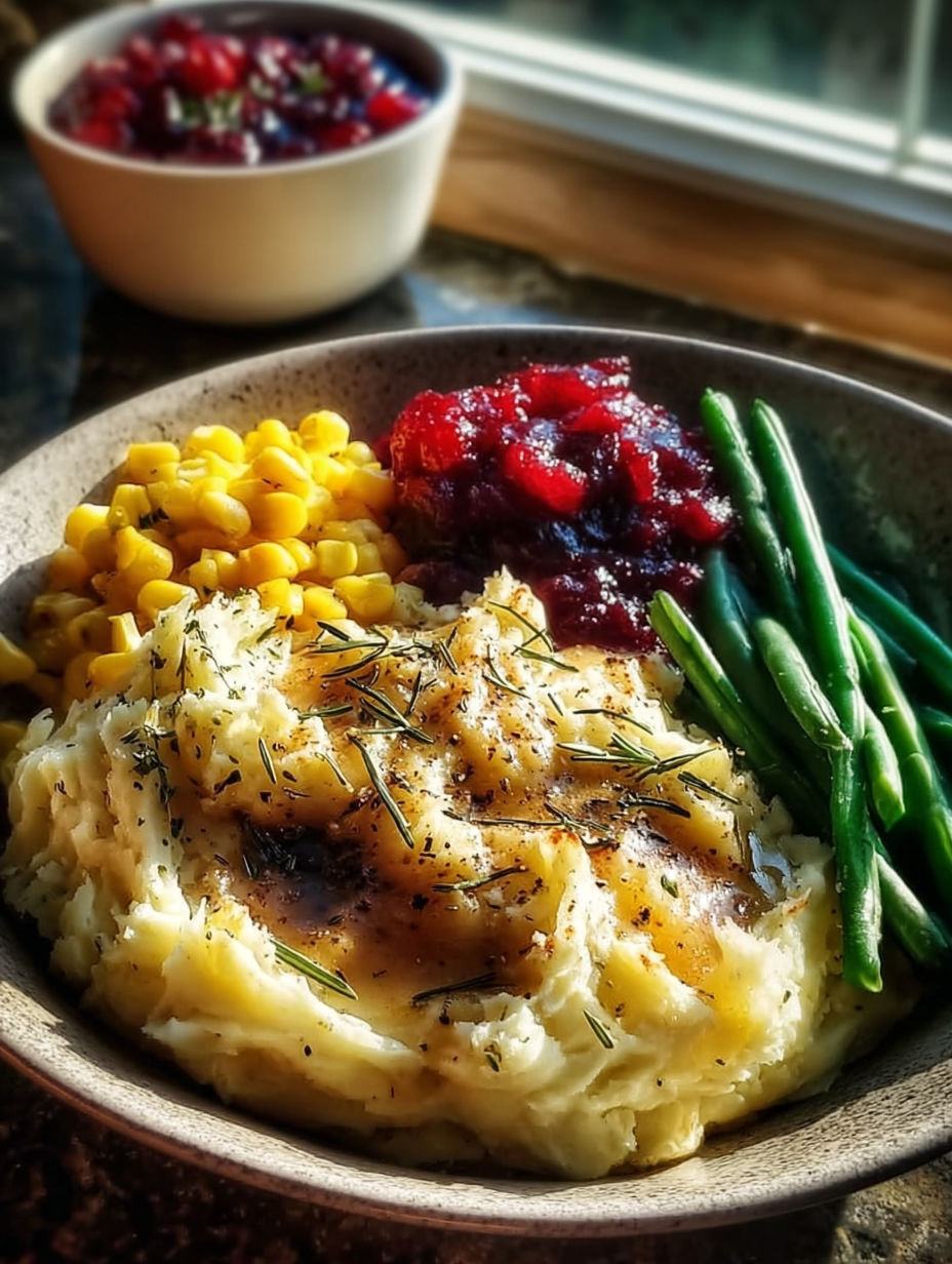 Kartoffelbrei mit frischen Kräutern oben drauf.