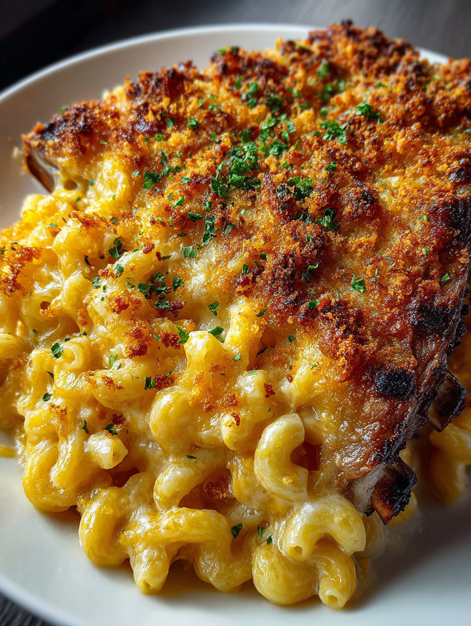 Nahaufnahme von Mac and Cheese mit Rippchen.