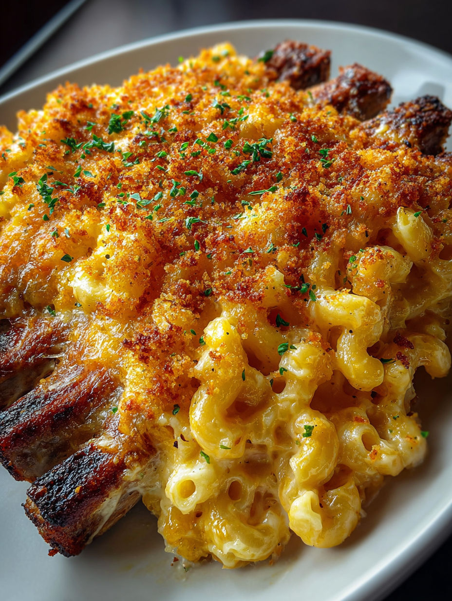 Ein Teller mit Mac and Cheese und Rippchen.