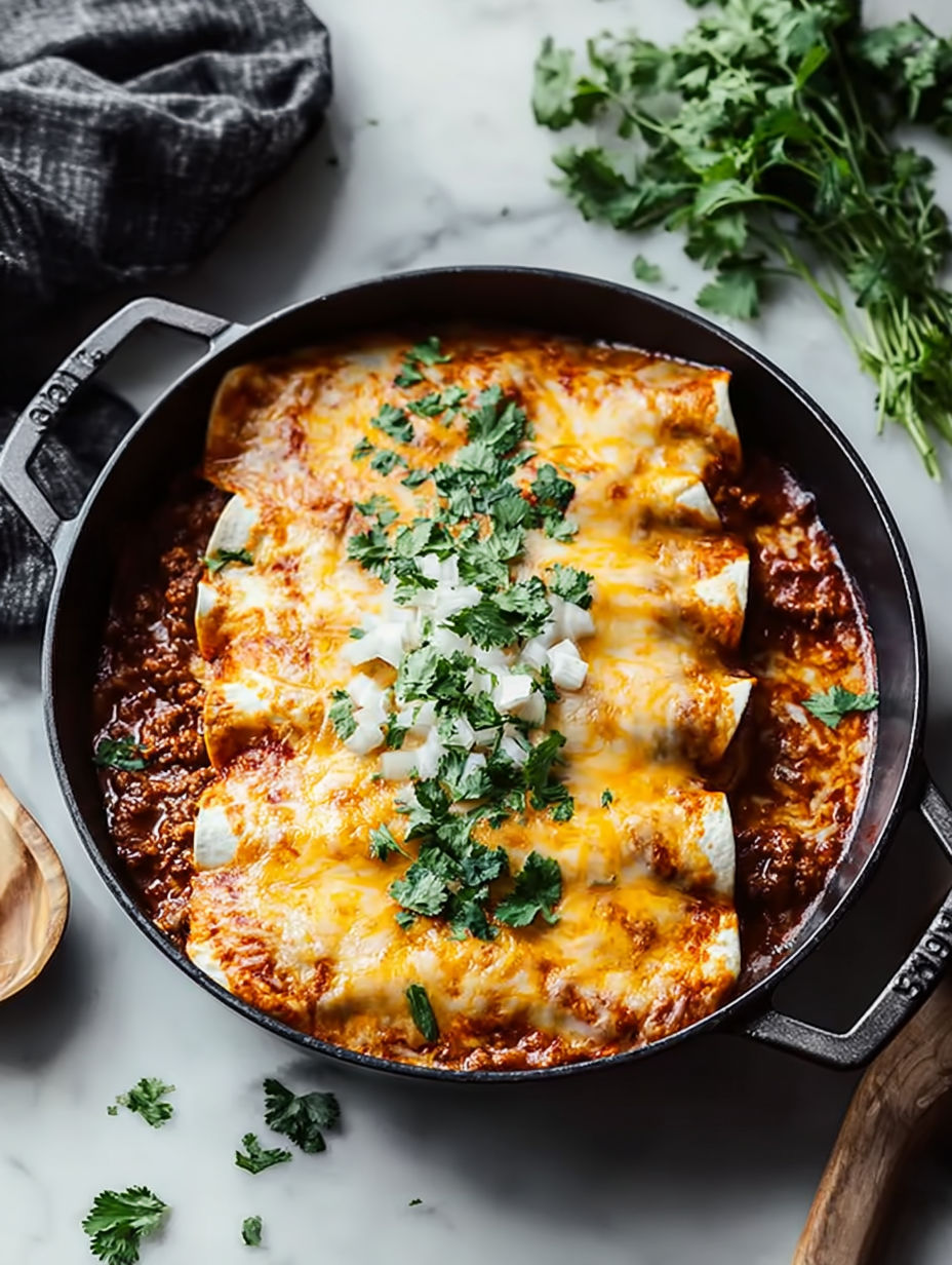 Eine Auflaufform mit Hackfleisch Enchiladas.