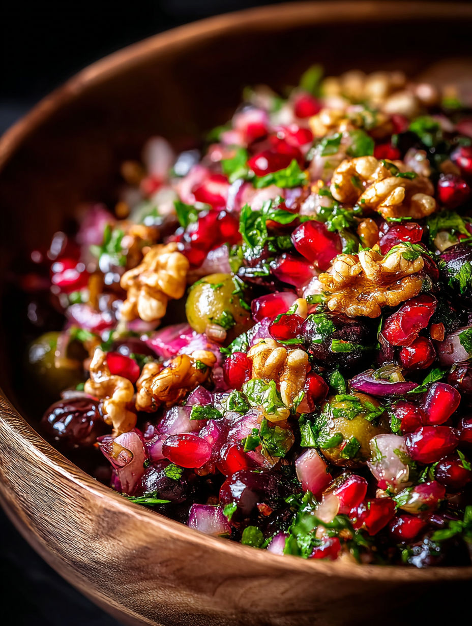 Eine Schüssel mit Essen und einer Nuss oben drauf.