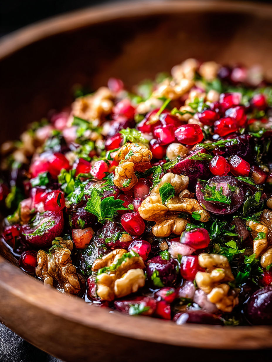Nahaufnahme einer Schüssel mit Essen und einer Nuss oben drauf.