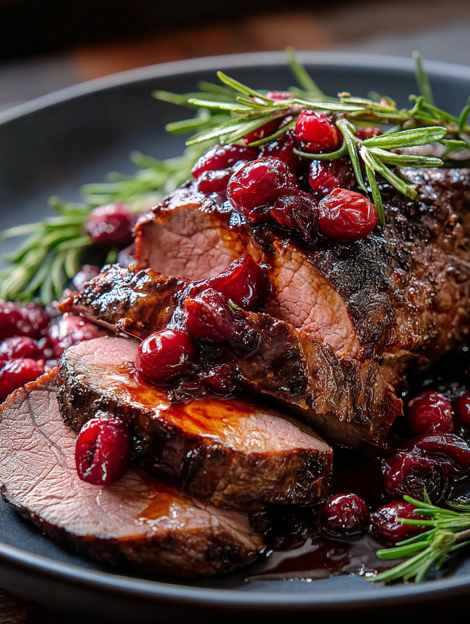 Ein Rinderbraten mit Cranberrysauce und Balsamico-Glasur.