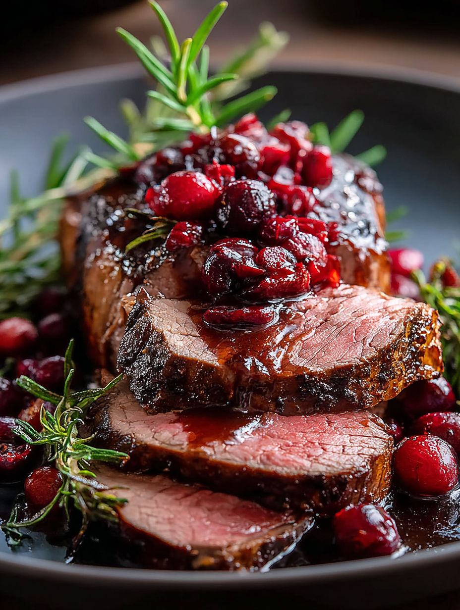 Ein Teller mit Rinderbraten und Cranberry-Balsamico-Sauce.