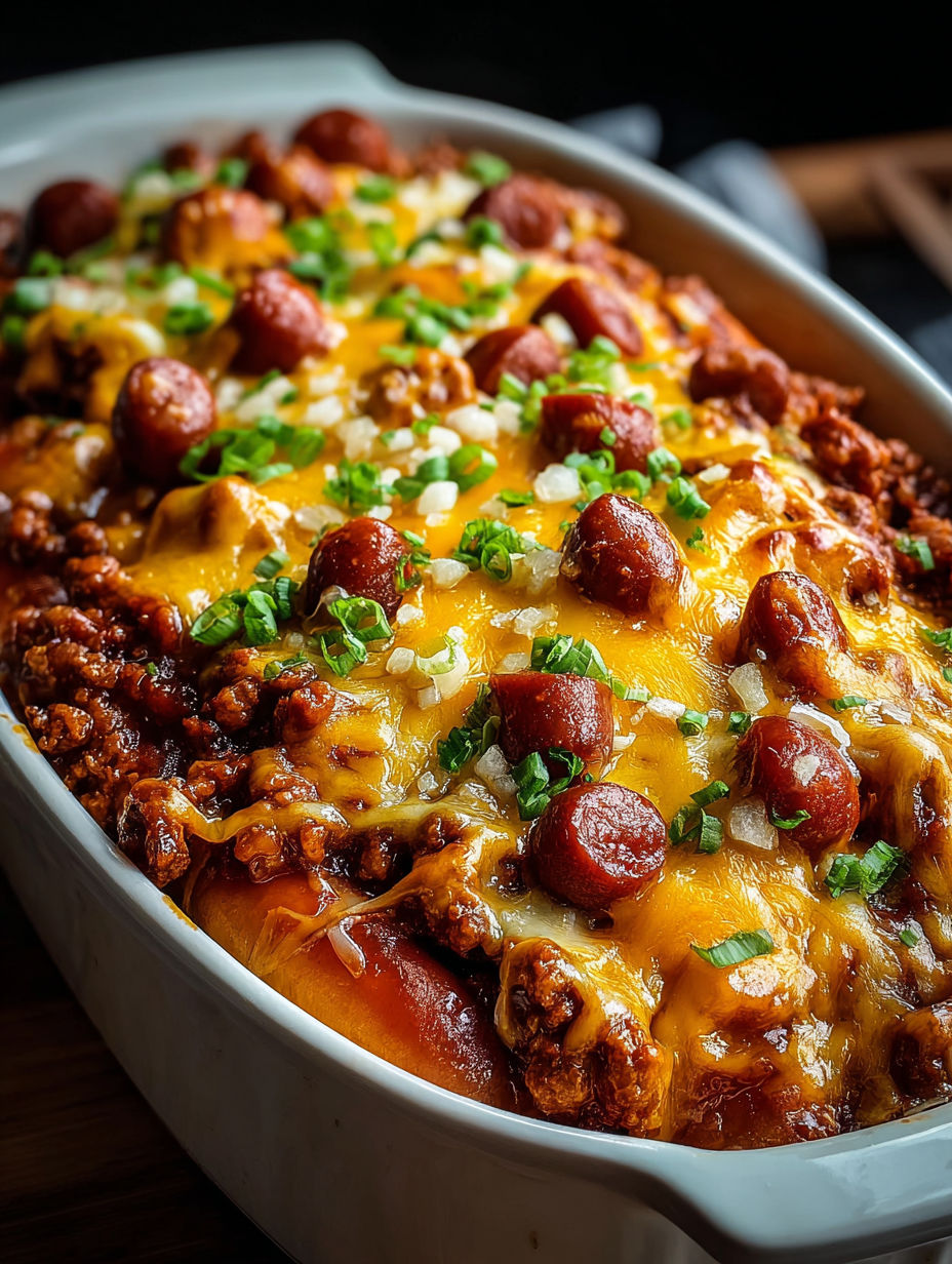Eine Schüssel mit Chili Cheese Dog Auflauf.