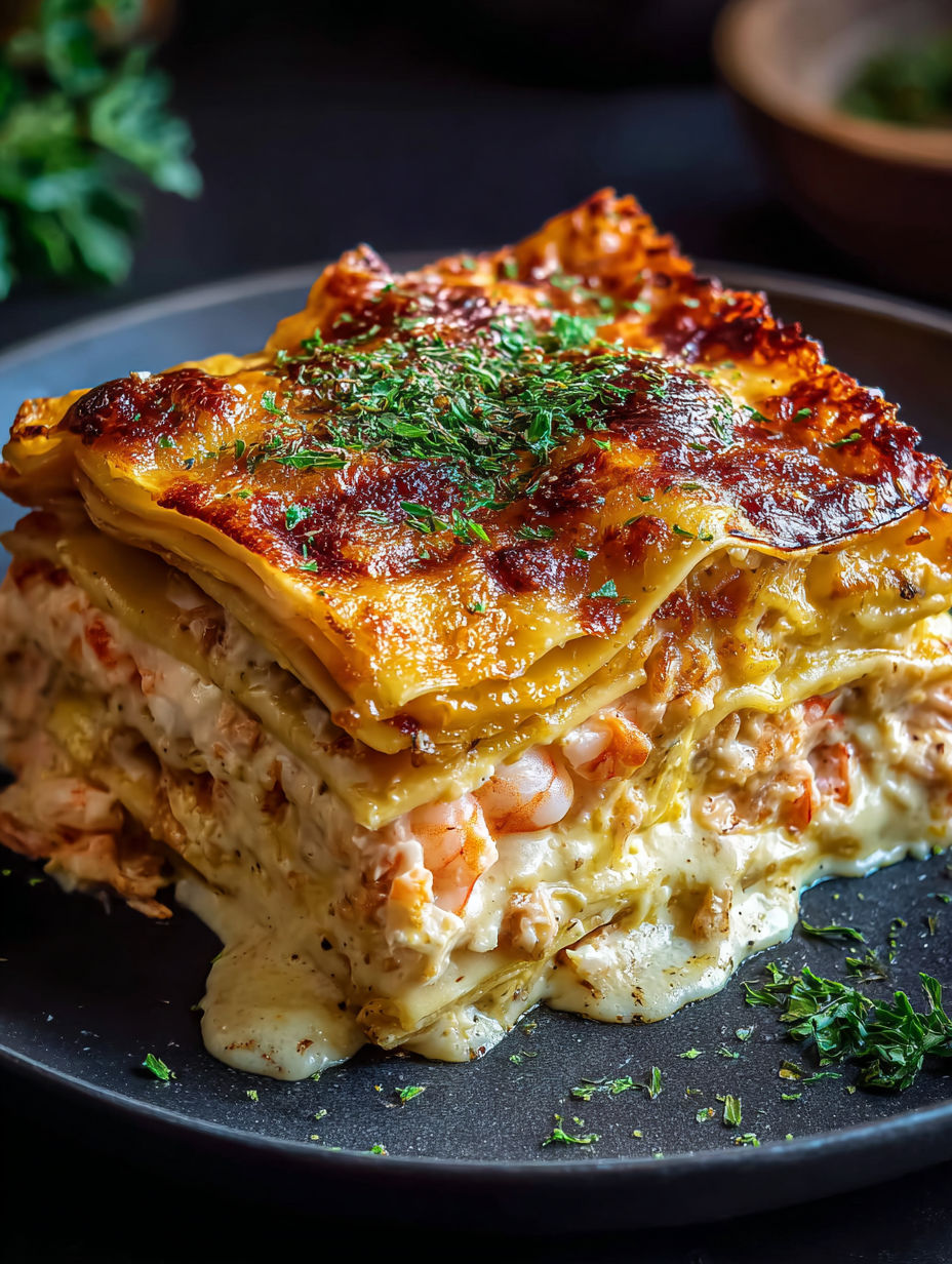 Leckere Meeresfrüchte Lasagne auf Teller.