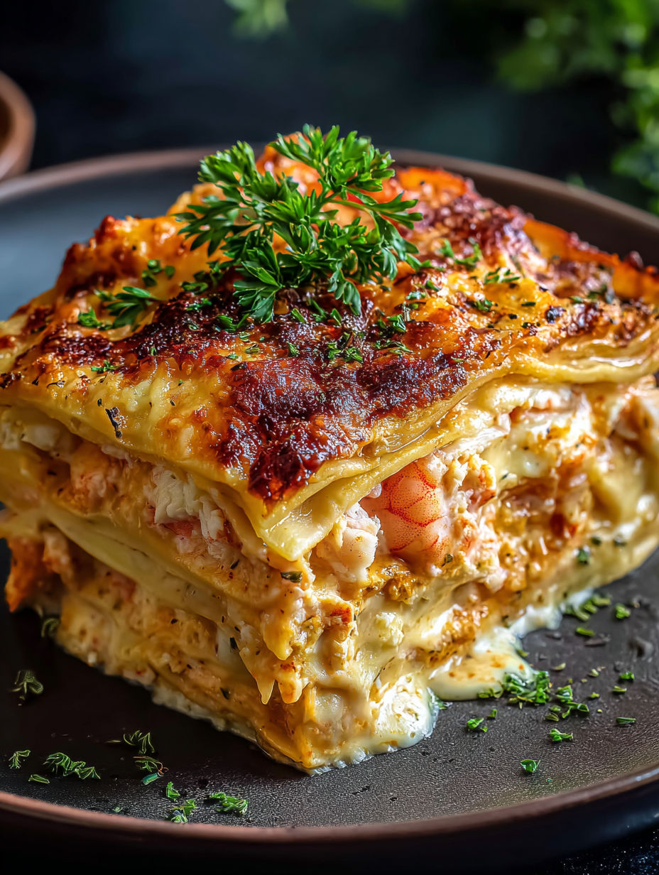 Ein Teller Meeresfrüchte-Lasagne mit grüner Garnitur.
