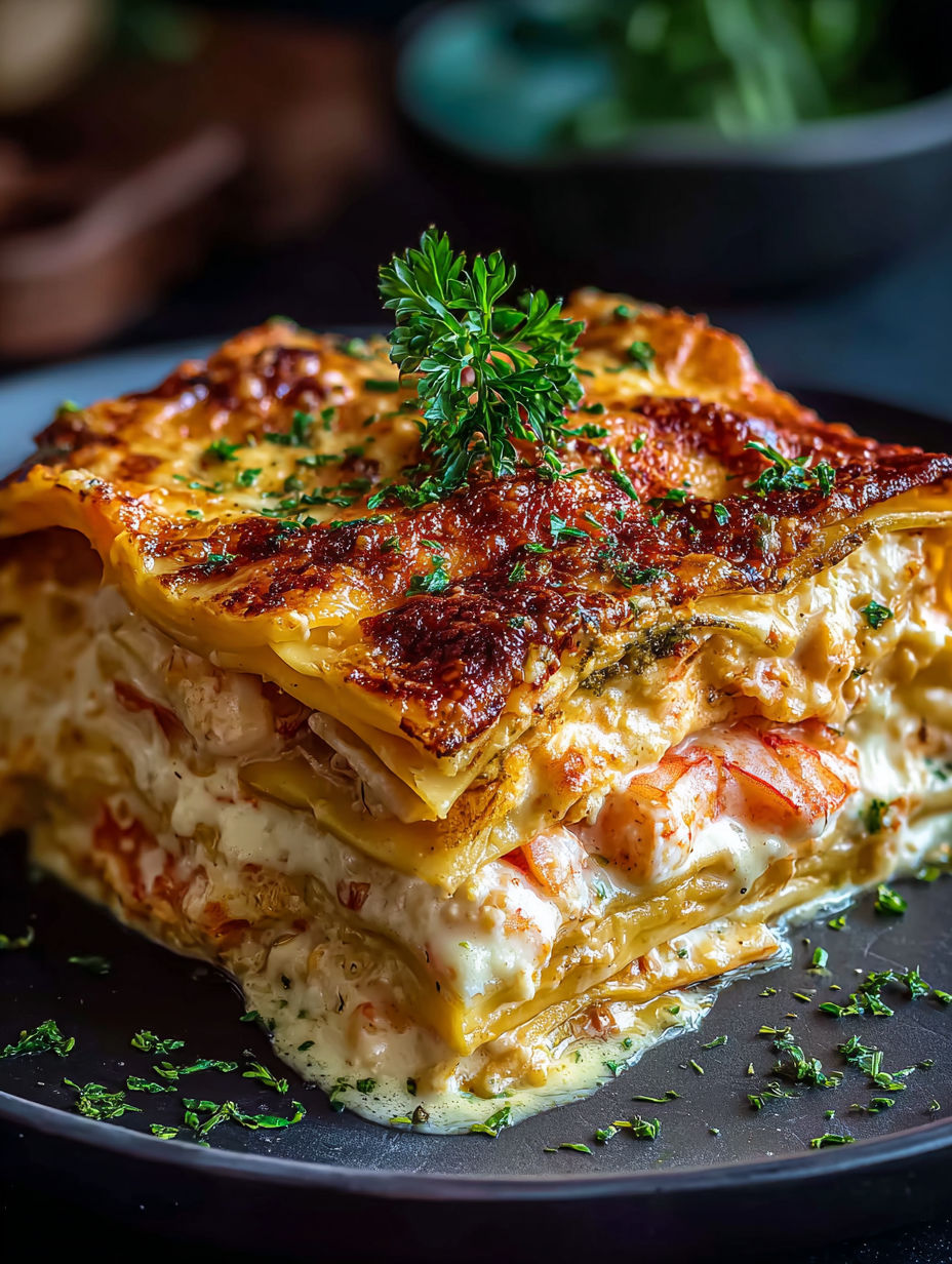 Eine Meeresfrüchte-Lasagne mit grünem Kraut oben drauf.