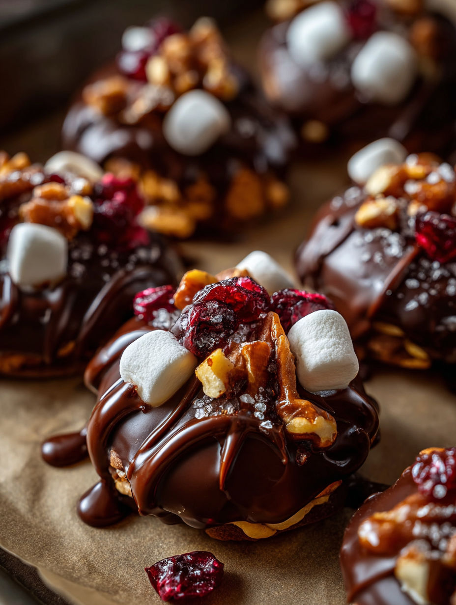Schokoladendessert mit Marshmallows und Nüssen.