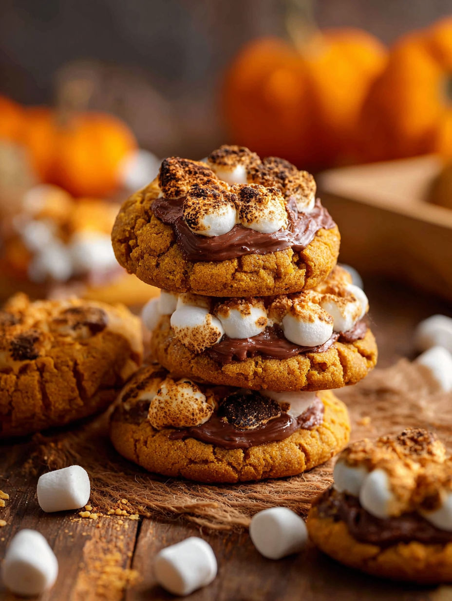 Ein Stapel Pumpkin S'mores Cookies auf einem Tisch.