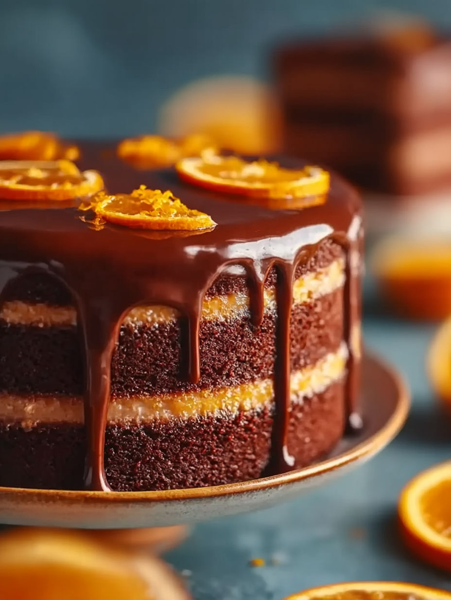 Eine Schoko-Orange-Torte mit Ganache.
