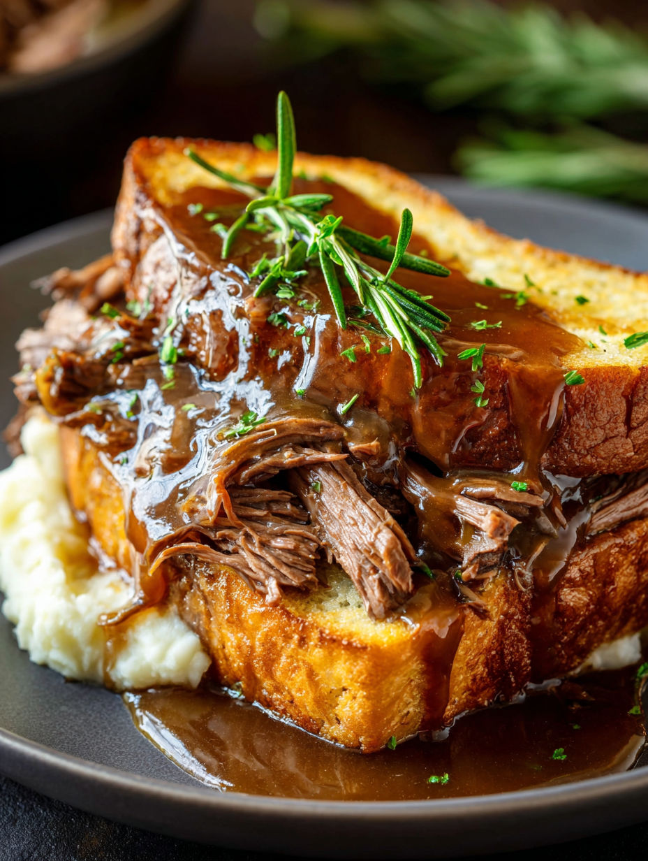 Nahaufnahme eines Beef Manhattan Sandwichs.