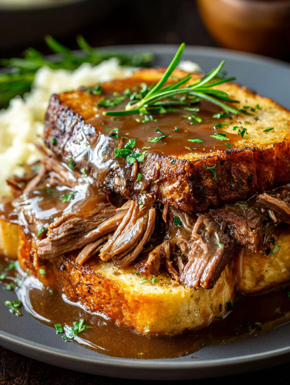 Nahaufnahme eines Beef Manhattan Sandwichs.