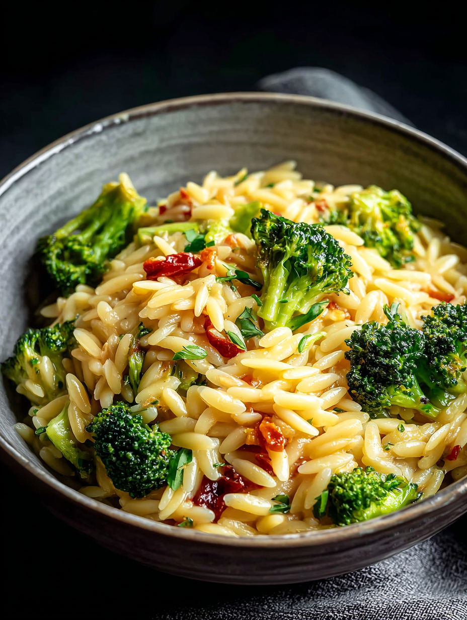 Schüssel mit Reisnudeln und Brokkoli.