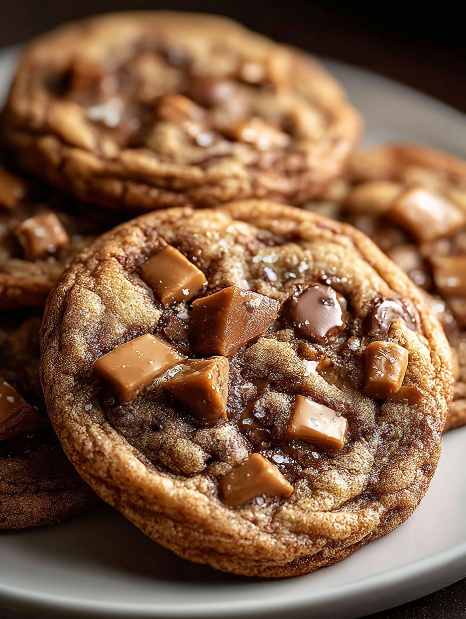 Ein Teller Kekse mit Karamell-Drizzle.