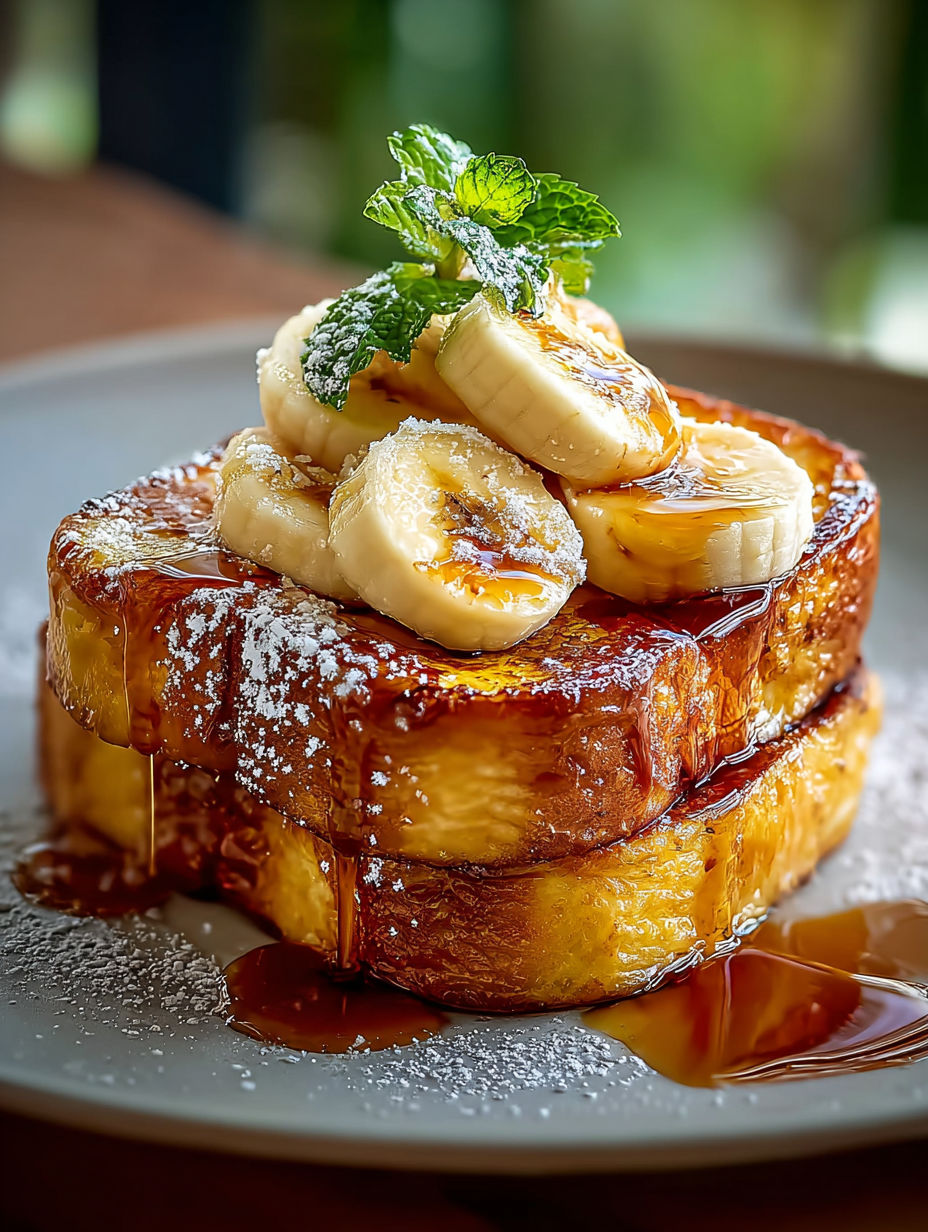 Ein Stapel French Toast mit Bananen und Puderzucker.