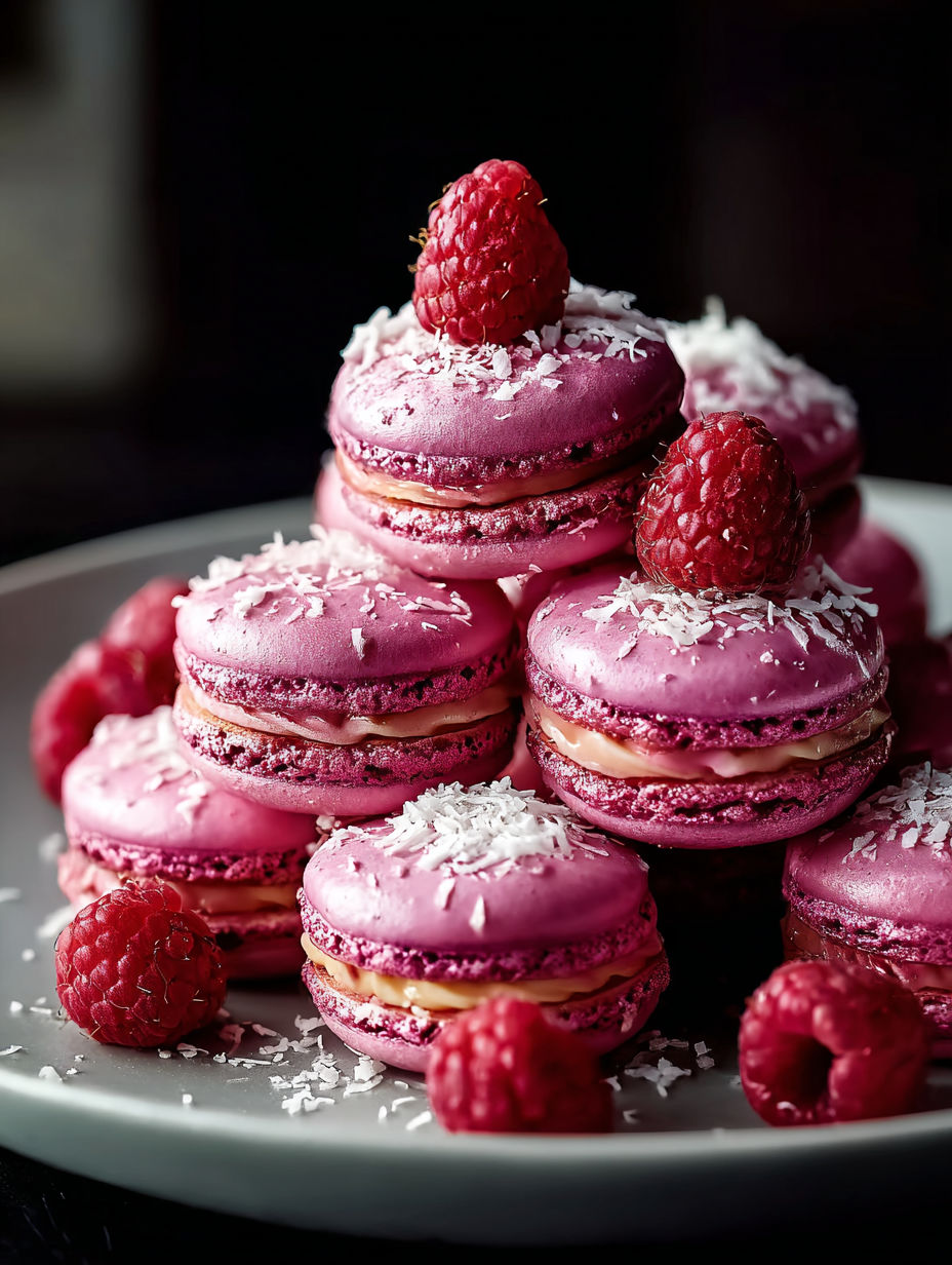 Pinkfarbene Macarons mit Puderzucker und Himbeeren oben drauf.