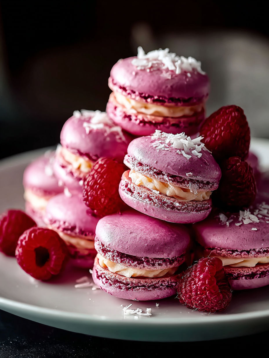 Ein Stapel pinker Macarons mit weißer Kokosraspel obendrauf.