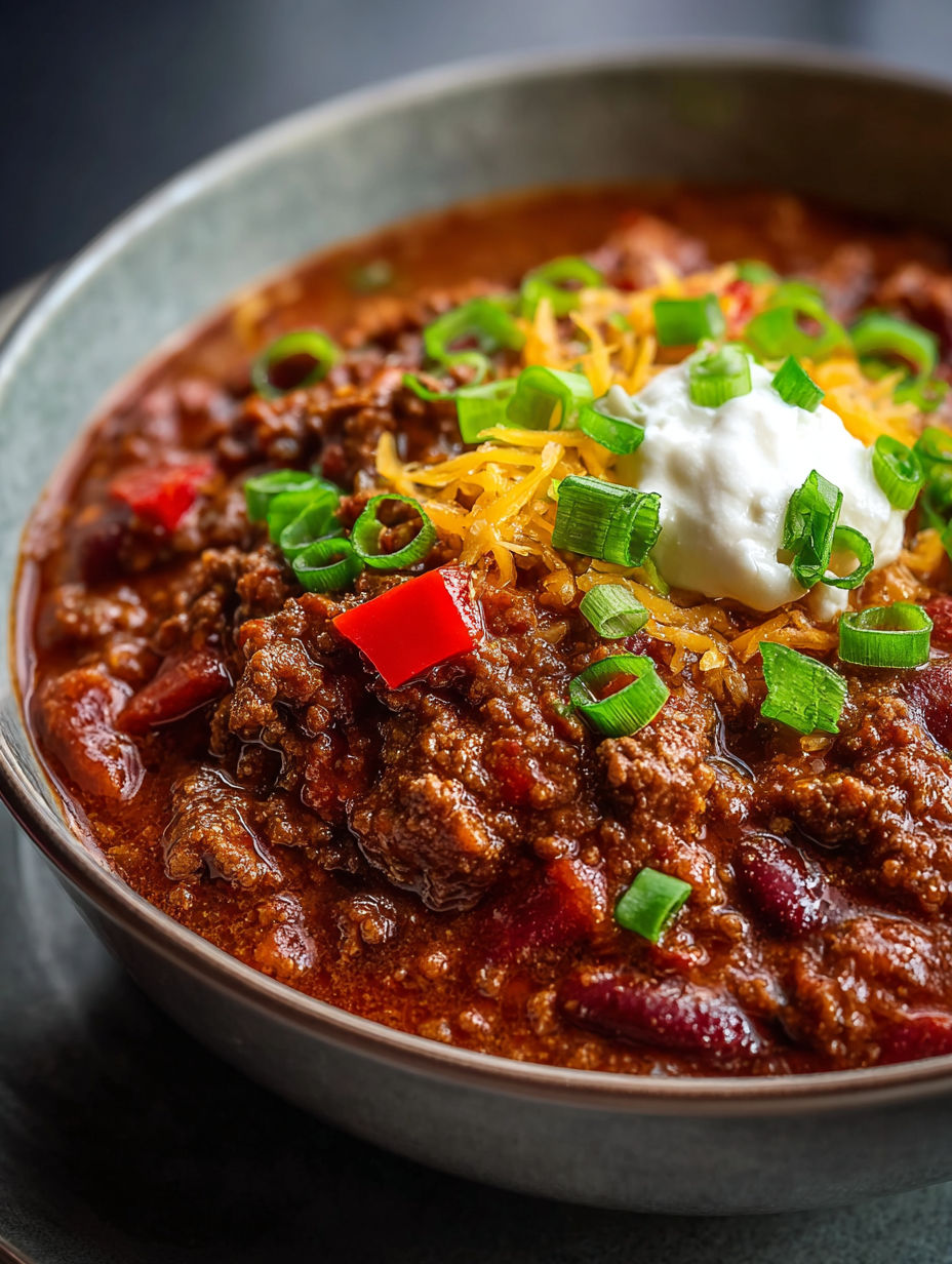 Eine Schüssel Chili mit Käse und Frühlingszwiebeln.