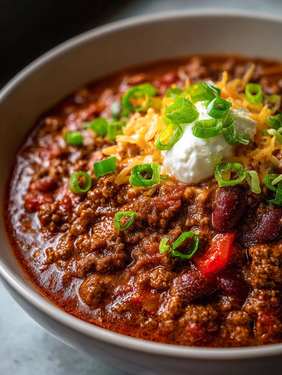 Eine Schüssel Chili mit Käse und Frühlingszwiebeln.