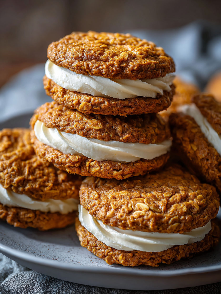 Pumpkin Oatmeal Cream Pies gestapelt auf einem Teller.