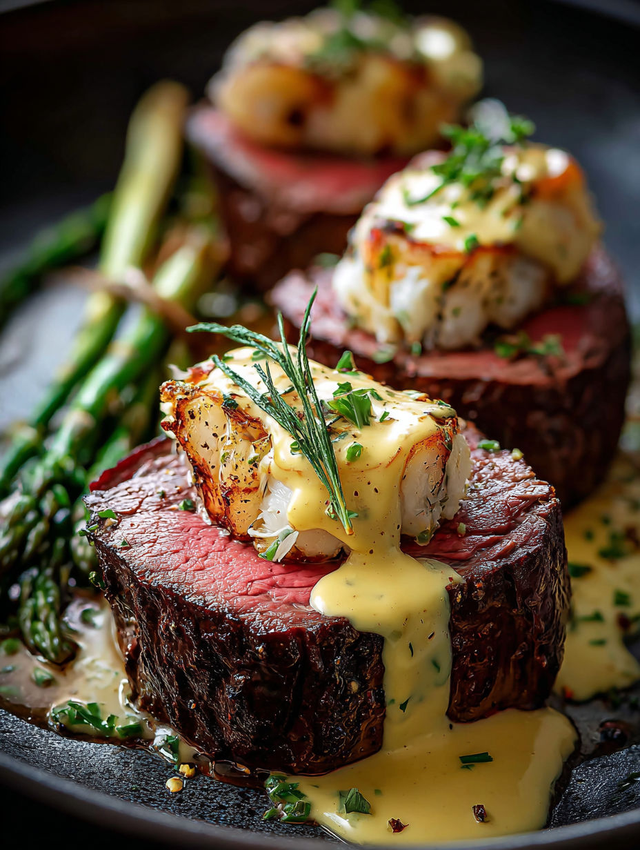 Ein Stück Fleisch mit Sauce obendrauf.