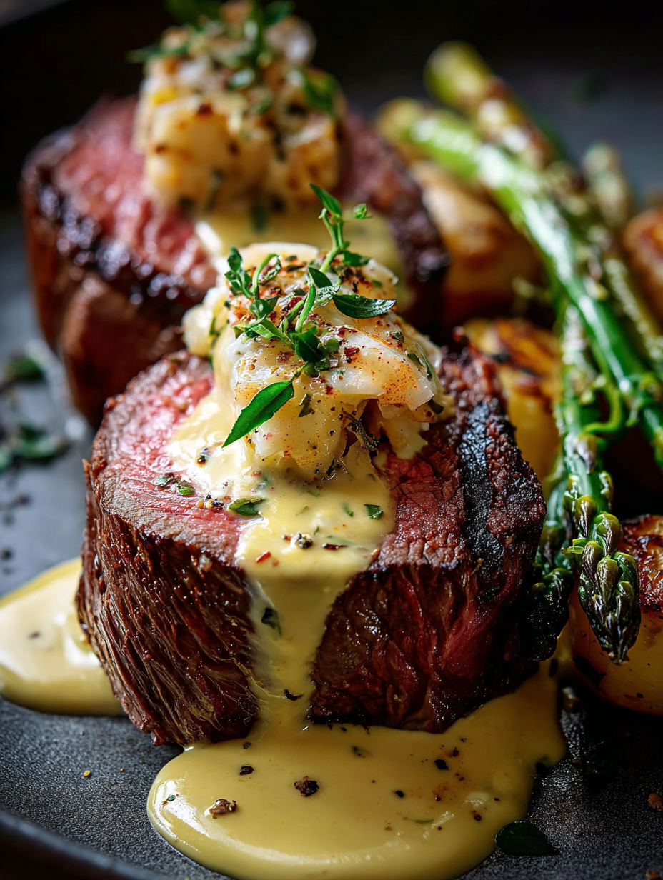 Nahaufnahme von Fleisch mit Sauce obendrauf.