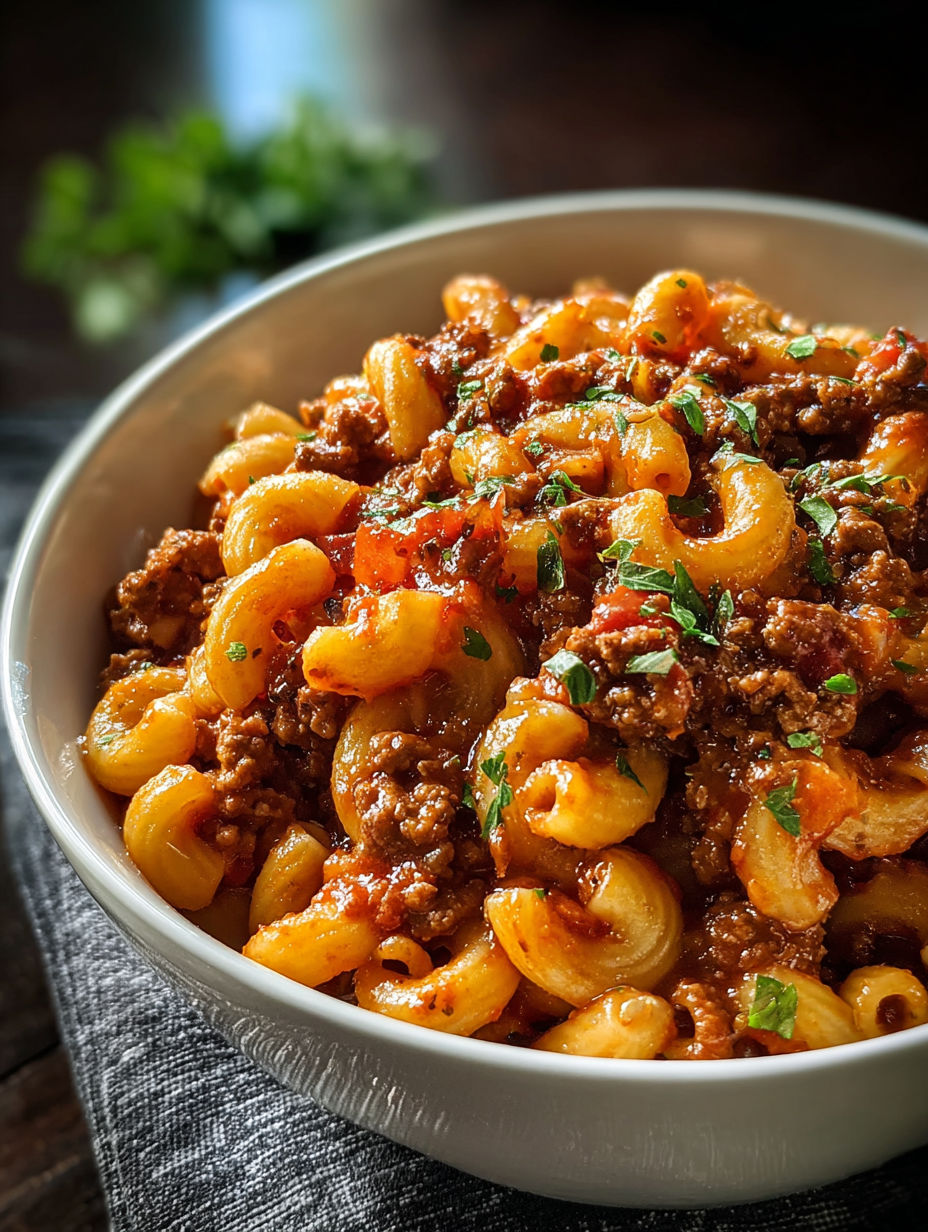Eine Schüssel Beefaroni mit grünem Kraut oben drauf.