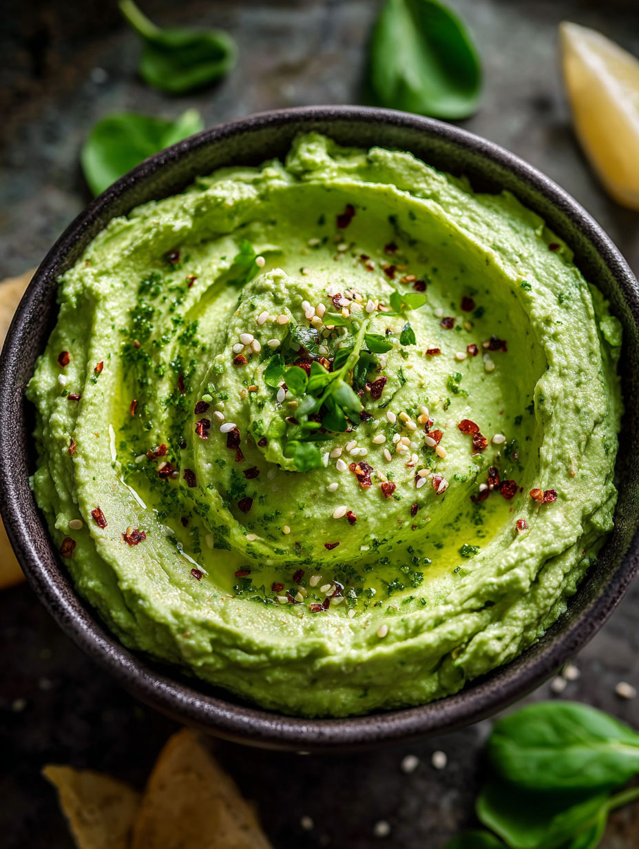 Eine Schale mit cremigem Spinat-Avocado-Dip.