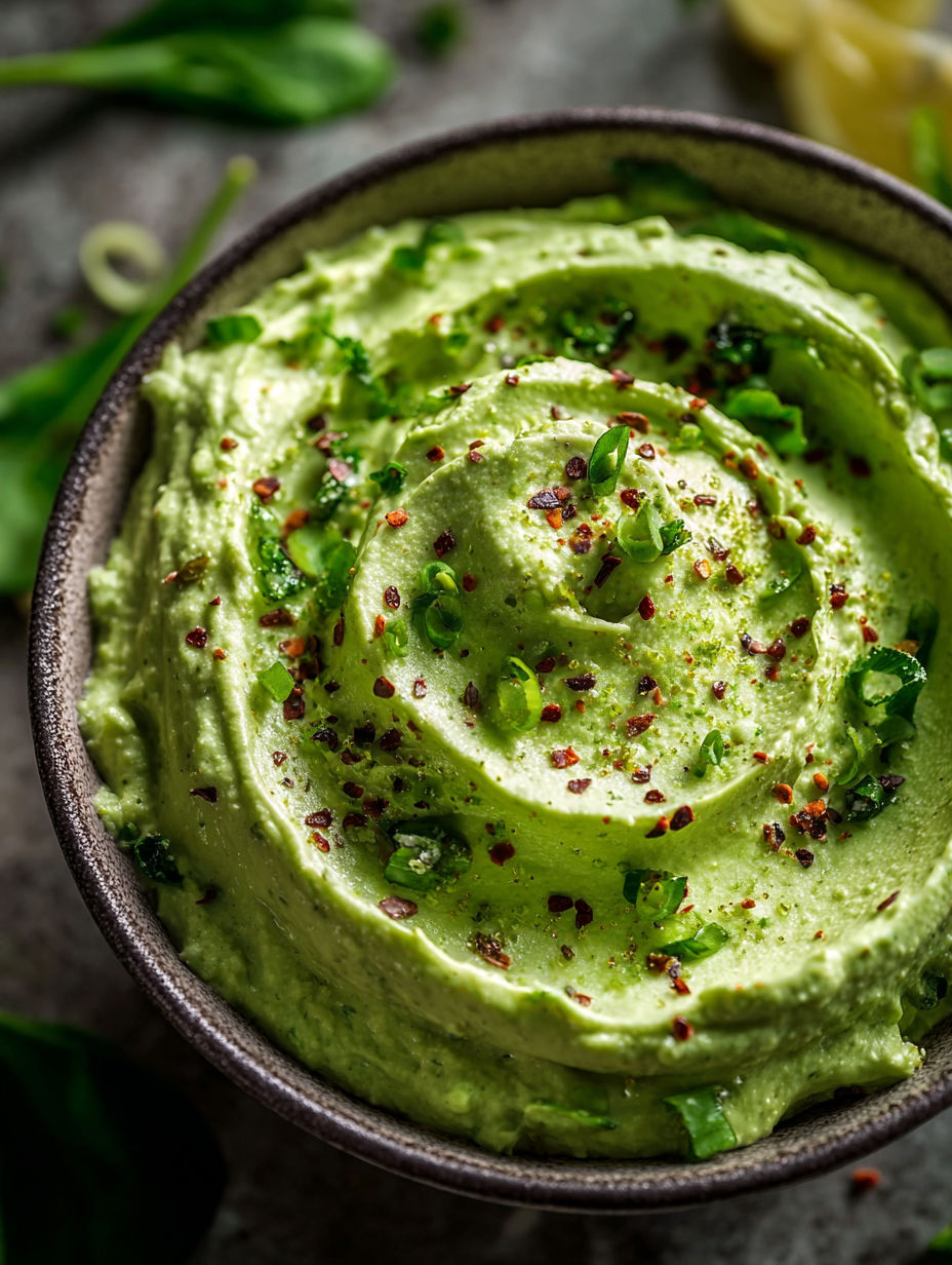 Eine Schale mit cremigem Spinat-Avocado-Dip.