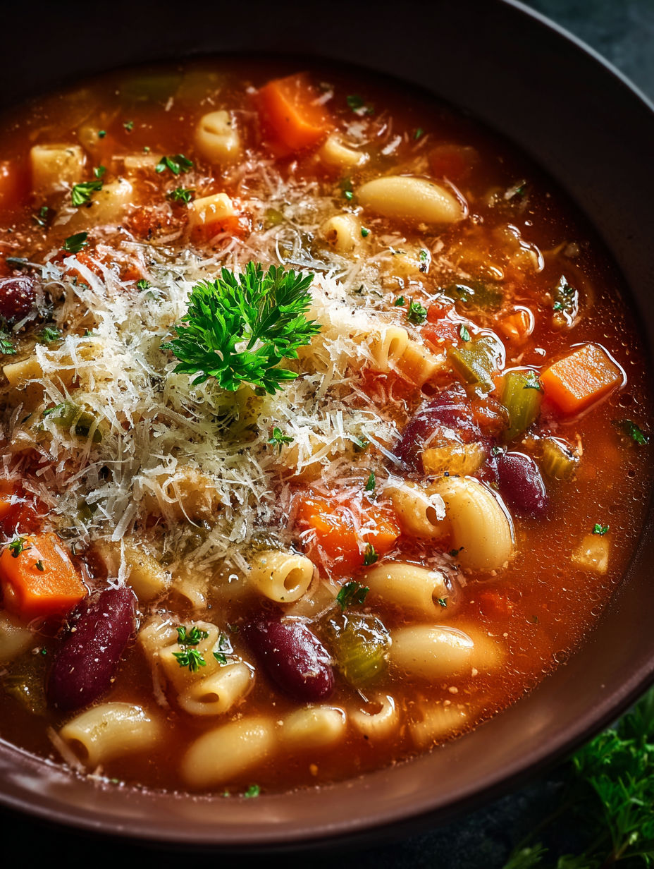 Eine Schüssel italienische Pasta-Fagioli-Suppe.