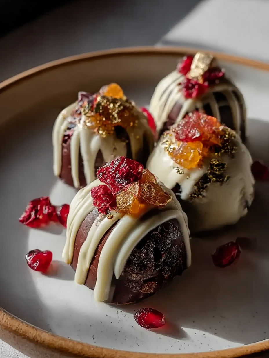 Drei Schokoleckereien mit Goldflocken und roten Beeren.