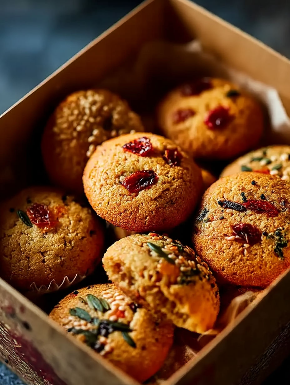 Eine Schachtel mit Sesam Dattel Keksen.