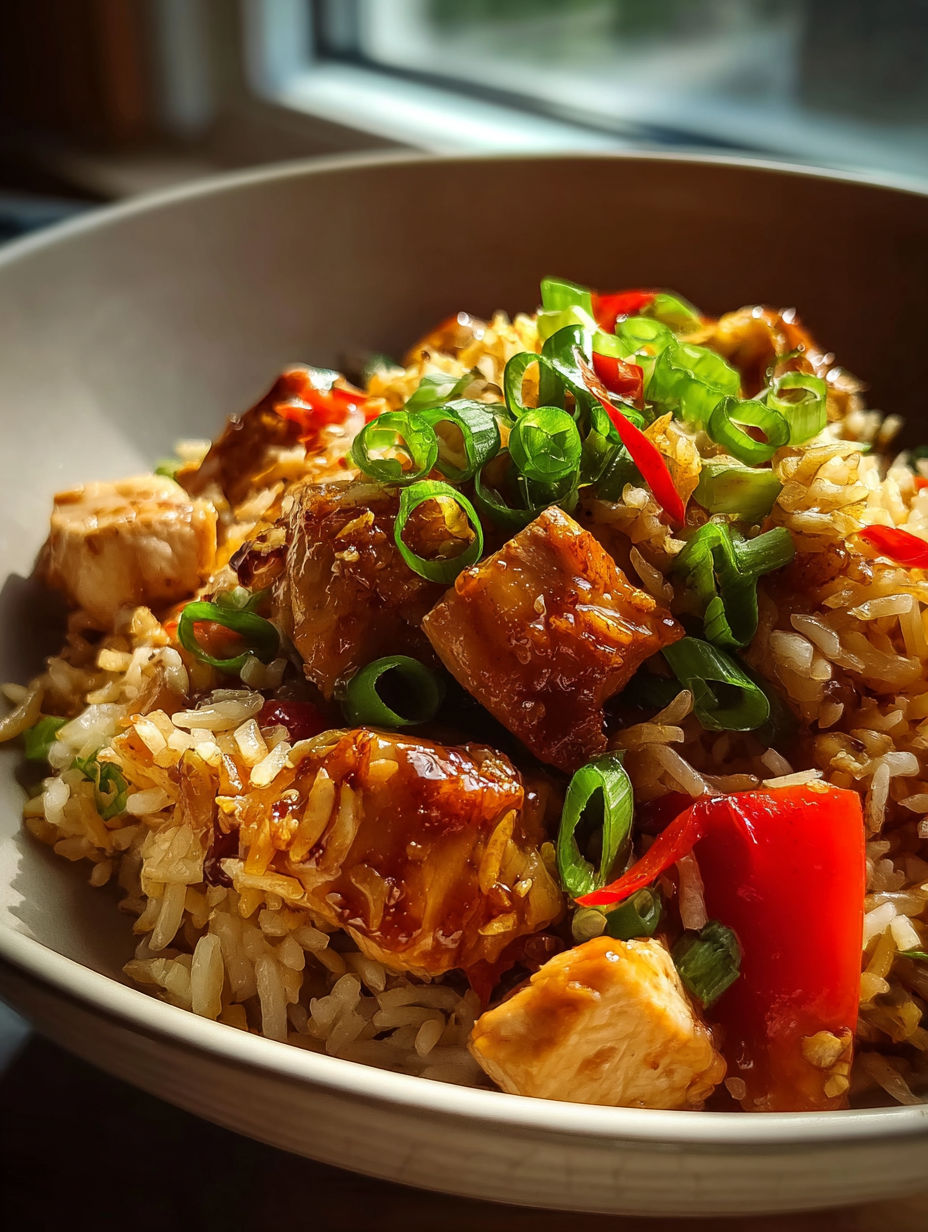 Eine Schüssel chinesischer gebratener Reis mit Hühnchen.